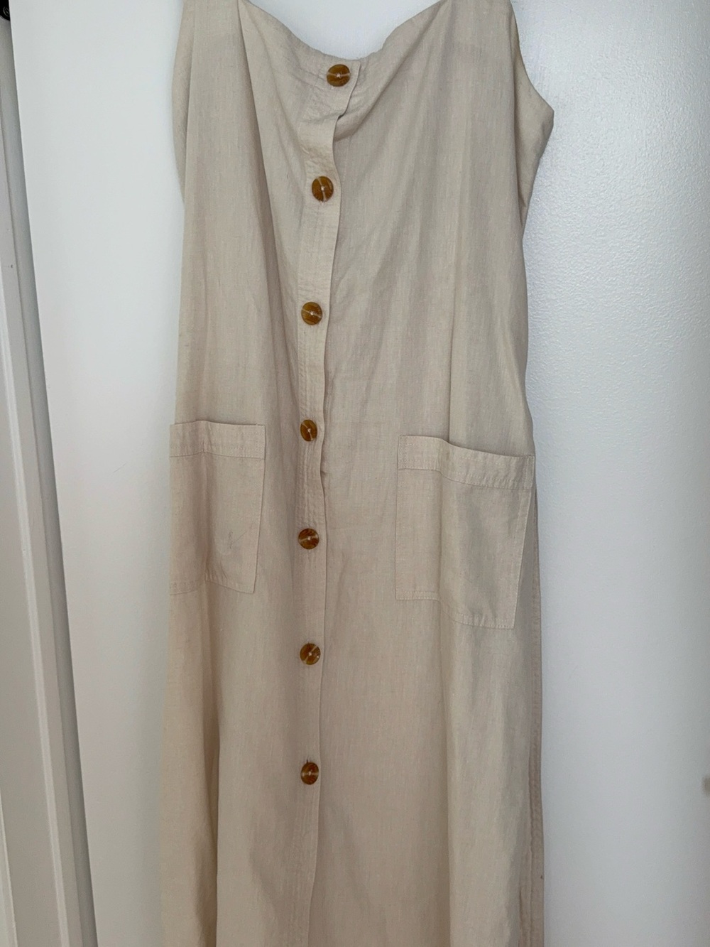 Beige Button-Front Linen Blend Midi Dress